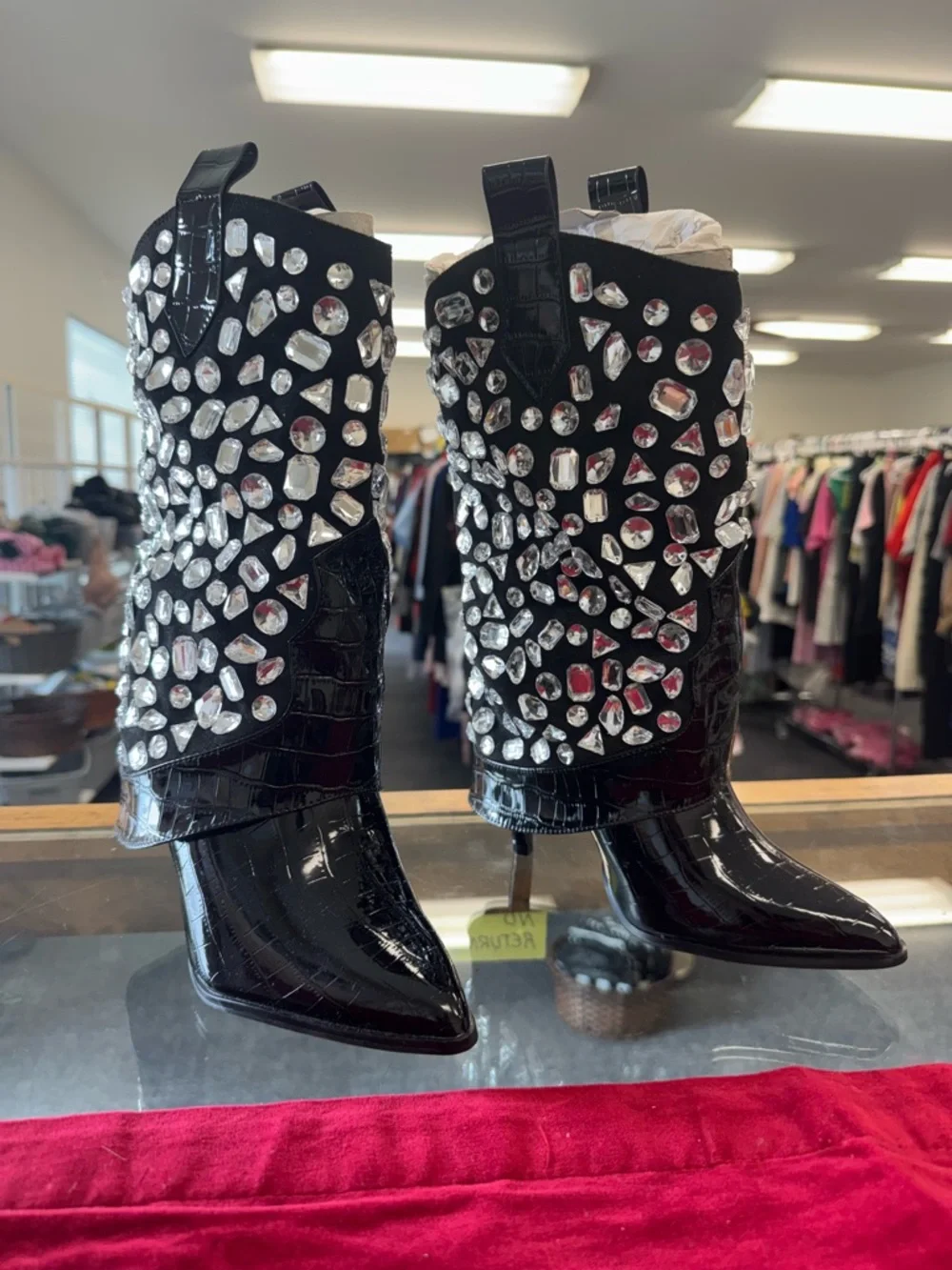 Lauren Lorraine Black Jeweled Patent Croc Mid-Calf Boots - Picture 2 of 7